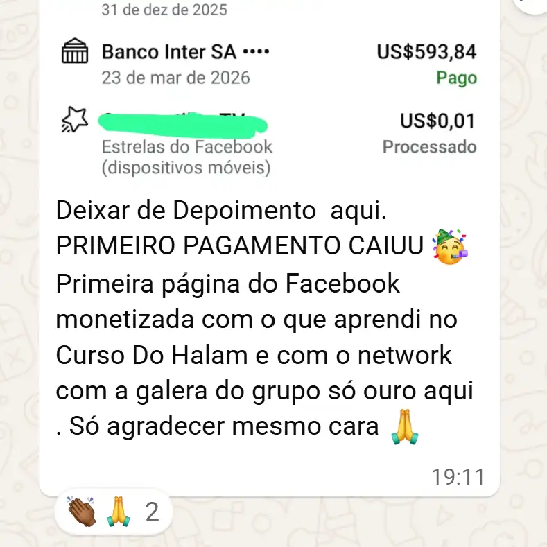Primeiro pagamento US$593,84
